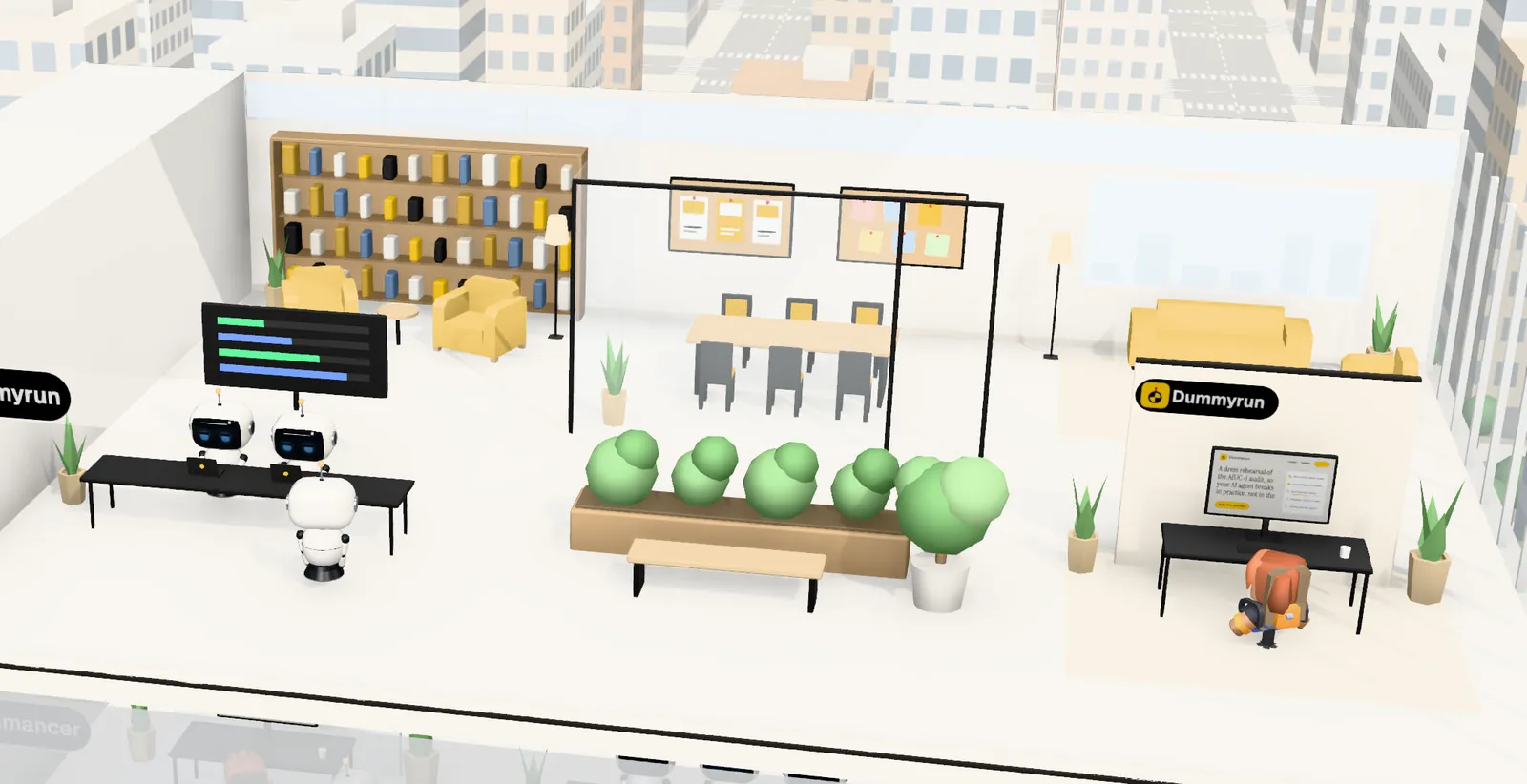 Dummyrun’s office on floor 15 of Tower 1: the owner’s desk with the website on screen, the agents’ bench, a meeting room and a library